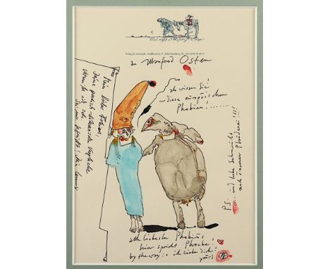 Janssen, Horst (1929-1995), "Zwei Figuren - an Manfred Osten", Aquarell und Tusche auf Briefpapier, 29 x 21, Widmung, signier