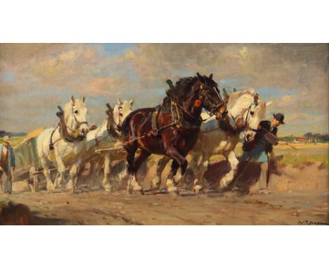 Junghanns, Julius Paul (1876-1958), "Pferdegespann mit Heuwagen", 28,5 x 50, Öl/Lwd., unten rechts signiert, R. 