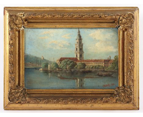 Kettlitz, Clara (1833-1910), "Blick über die Havel auf die Heilig Geist Kirche in Potsdam", Öl/Malkarton, 3,5 x 19,5, unten r