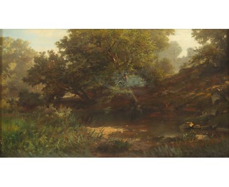 Kalckreuth, Stanislas Eduard von (1820-1894), zugeschrieben, "Landschaft mit Weiher", Öl/Lwd., 33 x 57,5, besch./rest., R. Er