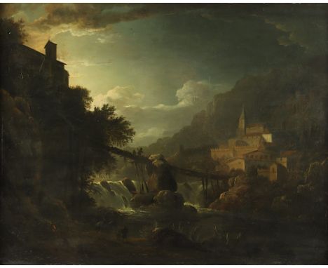 Ahlborn, August Wilhelm J. (1796-1857), zugeschrieben, "Flußlandschaft bei Mondschein", Öl/Lwd., 38,5 x 47,5, R. 