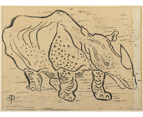Pankok, Otto, "Rhinozeros", Original-Holzschnitt, 36,5 x 48,5, handsigniert, besch., 1938, WV Zimmermann WH 102, R. 