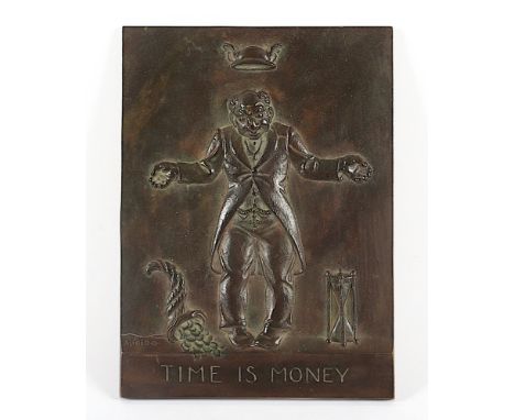 Bronzerelief, "Time is Money", 20 x 14,5, signiert Alfred O. 