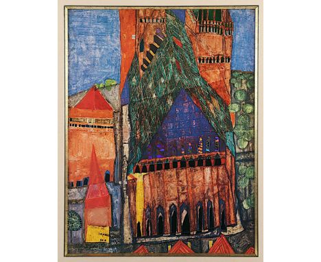 Hundertwasser, Friedensreich, "Kirk", Farboffset mit Folienprägungen, 60 x 44, R. 