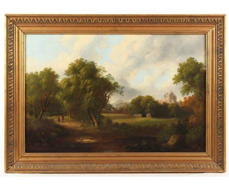 England 19.Jh., "Landschaft mit Burgruine", Öl/Lwd., 51 x 76,5, doubliert, R. 