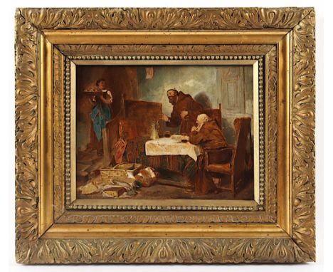 Genremaler um 1900, "Zwei Mönche im Wirtshaus", Öl/Holz, 20,5 x 27, R. 