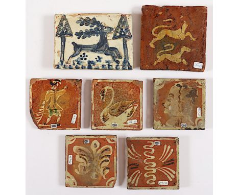 sieben Fliesen, Terrakotta, Scharffeuerdekor, u.a. mit Hirsch, Panther, Schwan, Portrait, unterschiedlich, bis 13 x 16, leich