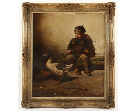 Schmidtmann, Hermann (1869-1936), "Junge mit Ente", Öl/Hartfaser, 70 x 60, unten rechts signiert, R. 