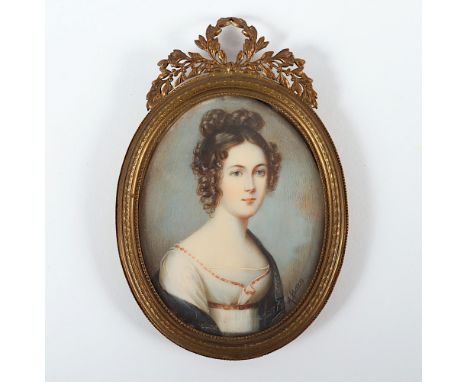 Portrait einer Frau, farbige Malerei auf Malplättchen, Dm 10, seitlich signiert, gerahmt, 19.Jh. 