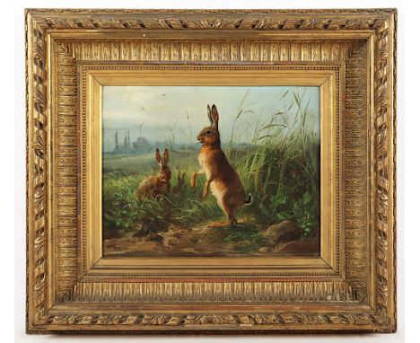 Deiker, Carl Friedrich (1836-1892), "Zwei Feldhasen", Öl/Holz, 32 x 42, unten rechts signiert, R. 