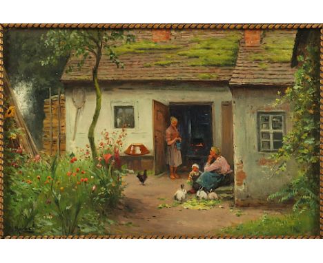 Moras, Walter (1856-1925), "Vor dem Bauernhaus", Öl/Lwd., 31 x 46, unten links signiert, R. 