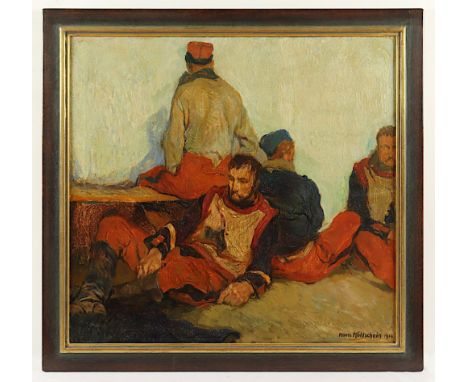 Kohlschein, Hans (1879-1948), "Lagernde Söldner", Öl/Lwd., 71 x 75, unten rechts signiert und "1914" datiert, R. 