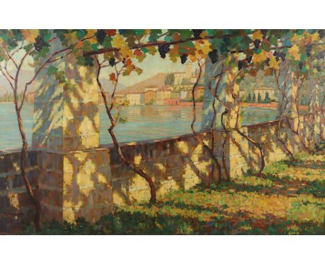 Andree, Rudolf (1887-1970), "Blick von der Pergola des Café Paradiso auf Torbole am Gardasee", Öl/Lwd., 102 x 160, unten link