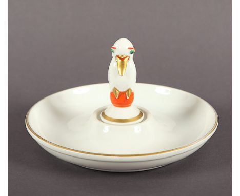 Schale mit Marabu, Marabu farbig staffiert, Goldrand, Dm 16, Entwurf Marabu Hans Küster, Rosenthal, 1923 