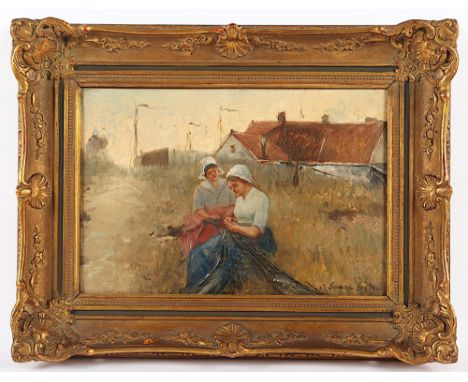 Grobe, German (1857-1938), "Fischerfrauen beim Netzeflicken", Öl/Malkarton, 26 x 37, unten links signiert, R. 
