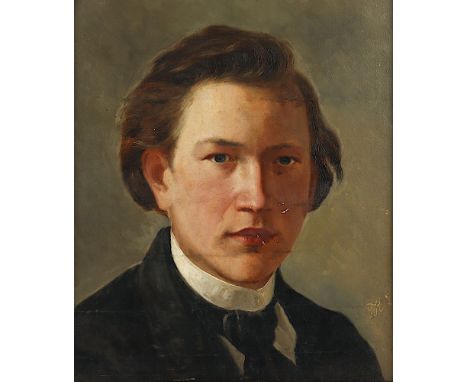 Kleinschmidt, Johannes (1858-1905), "Portrait eines jungen Mannes", Öl/Lwd., 37 x 31, besch., auf Karton aufgezogen, unten re