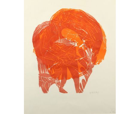Grieshaber, HAP, "Engel des Sammlers, Original-Farbholzschnitt, 39 x 34, an vier Stellen auf Unterlage montiert, bez. é d'a.,