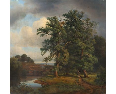 Crola, Georg Heinrich Croll (1804-1879), "Landschaft mit Jäger", Öl/Lwd., 49 x 50, besch., unten rechts signiert und "1837" d