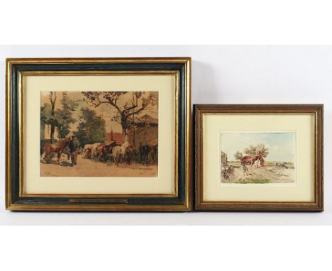 Bochmann, Gregor von (1850-1930), zwei Aquarelle, "Pferdemarkt" sowie "Landschaft mit Bauer und Schafen", Aquarell/Papier, 16