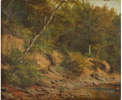 Maler des 19.Jh., "Waldlandschaft mit Bachlauf", Öl/Malkarton, 37 x 43,5, besch., R.  