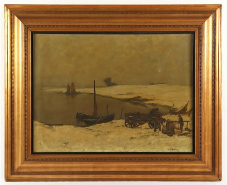 Rasenberger, Alfred (1885-1949), "Winterliche Flusslandschaft mit Fischern", Öl/Lwd., 60 x 80, rest., unten rechts signiert, 