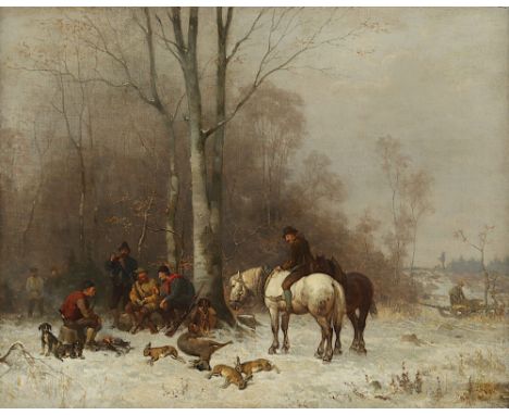 Mühlig, Hugo (1854-1929), zugeschrieben, "Jäger nach der Hasenjagd", Öl/Lwd., 35 x 45, unten rechts unleserlich bez., R. 