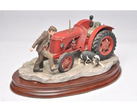 Border Fine Arts 'A Kick Start' by Ray Ayres, displaying a David Brown Cropmaster tractor on a wooden plinth.
