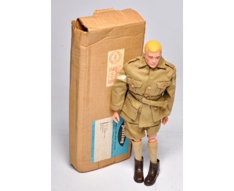 Palitoy Action Man early issue (blond plastic hair) figure with original Palitoy mail-away box. Generally displays good to ve