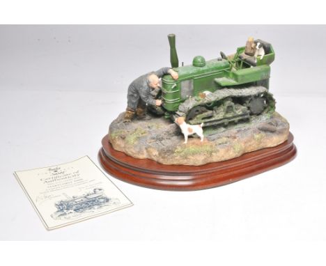 Border Fine Arts 'Starts First Time' -  displaying a Fowler Diesel Crawler with farmer and his dogs on a wooden plinth. Certi