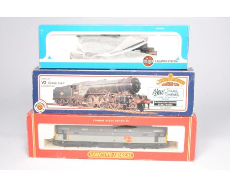 Model Railway locomotive trio comprising Airfix Prairie Tank Loco, Hornby Class 47 Railfreight and Bachmann V2 Durham Light I