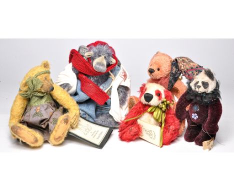 Artist designed miniature teddy bears x five to include 1) Kreft-Bar "Schloo" by Anja Kreft, 8.5"/22cm in original clothing a