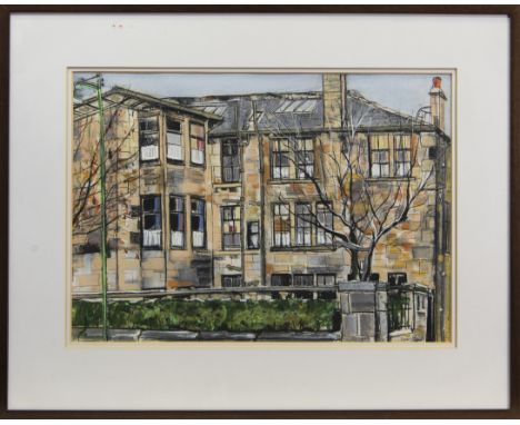 * DAVID TONER (SCOTTISH B. 1944), THE HOUSE AT MIRLEES DRIVE mixed media on paper, signed and dated '85 image size 43cm x 61c