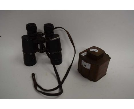 PAIR OF VINTAGE 8X40 BINOCULARS TOGETHER WITH A SMALL 19TH CENTURY COPPER TEA CADDY