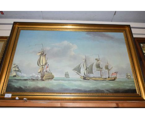 LARGE COLOURED PRINT, NAVAL WARSHIPS, GILT FRAMED