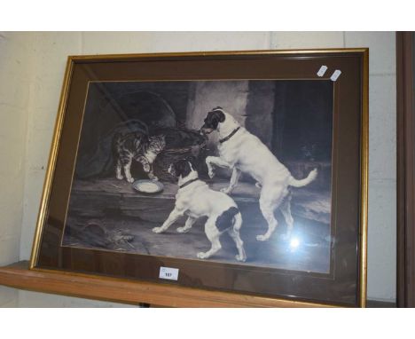 AFTER LUCY LEAVERS, COLOURED PRINT, TWO TERRIERS AND A CAT