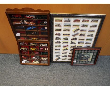 A good lot to include two glass fronted display cabinets containing diecast model motor vehicles comprising Lesney, Lledo, Ma