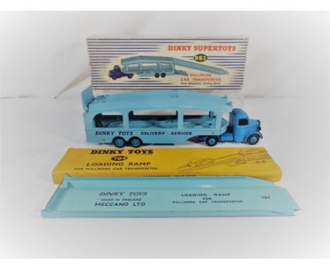 Dinky Supertoys - A Dinky Supertoys # 982 Pullmore Car Transporter. Blue cab and hubs with light blue back, "Dinky Toys Deliv