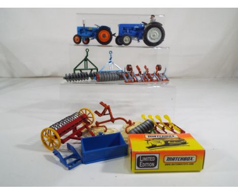 Britains and Dinky Toys - a collection of farming models by Britains and Dinky to include tractors, ploughs, cultivators and 