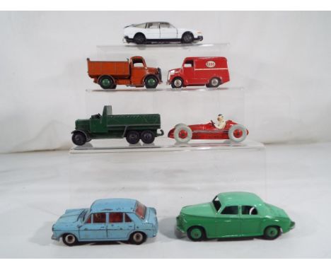 Dinky Toys - 7 unboxed, playworn diecast model motor vehicles by Dinky Toys to include # 156 Rover 75 in two tone green, Troj