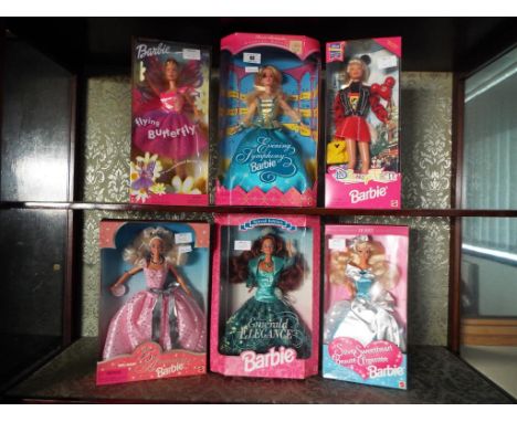 Barbie - six Barbie Dolls to include Evening Symphony 19777, Flying Butterfly 29345, Disney Fun 18970, Walmart 35th Anniversa