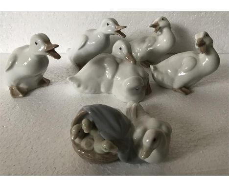 Five various Nao duck figures by Lladro together with Lladro duck and ducklings. Approx 9cms h - Duck and ducklings chip to w