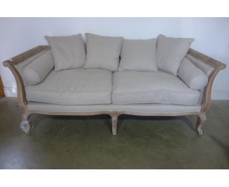 A Bramblecrest linen sofa with light oak wood surround - light linen fabric