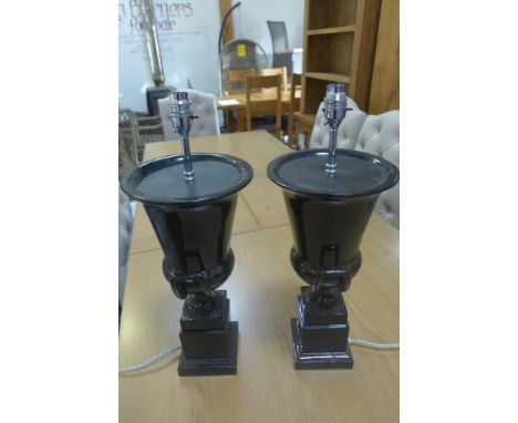 A pair of modern black ceramic effect urn shaped table lamps - Height 53cm - working order