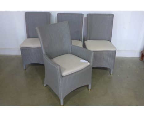 A set of three Bramblecrest Lloyd loom side chairs and one armchair with cushion