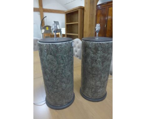 A pair of modern crackle glaze ceramic cylinder table lamps with shades - working order