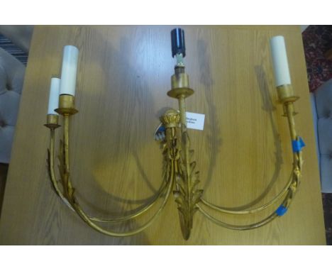 A pair of modern shabby chic three branch metal wall lights - Height 50cm - need wiring - and a gilt metal wall lamp - Height