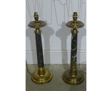 Two 19th century style circular brass lamp stands with green marble columns - Height 55cm