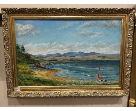 FRAMED TAPESTRY OF A BOAT, along with a watercolour of a loch, a signed photograph of a poppy plant and an oil on board, coas