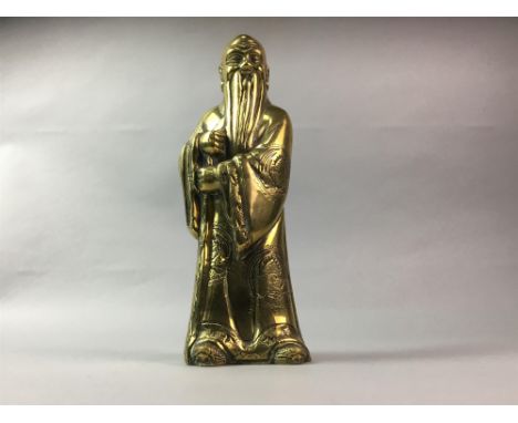 20TH CENTURY CHINESE BRASS FIGURE OF SHAO LAO, along with two seated Buddhas and a horn scroll holder (4)