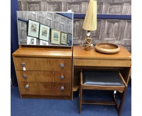 DANISH STYLE WRITING TABLE, along with a black leather upholstered stool, a Danish style chest of drawers, a table mirror and
